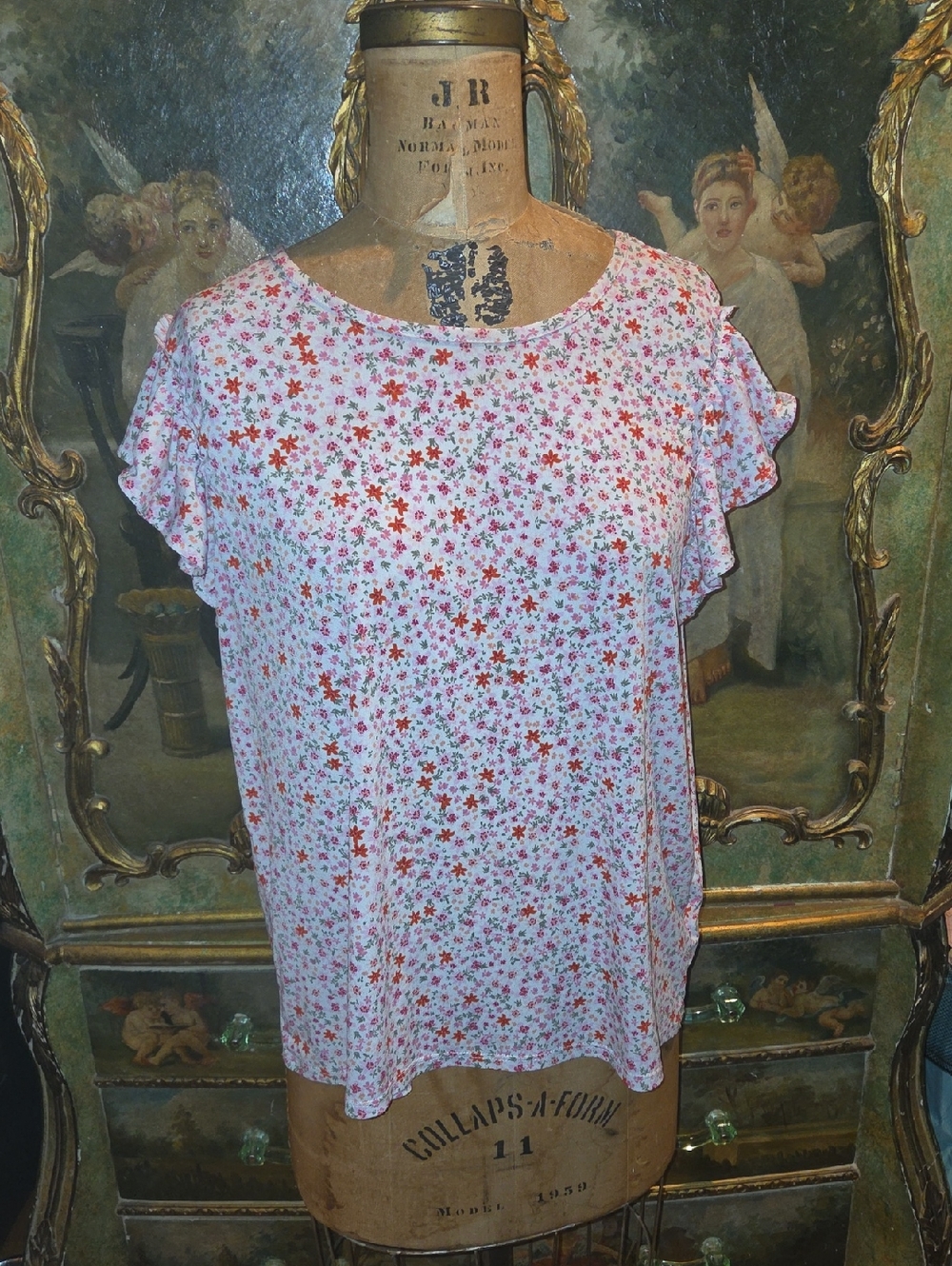 CeCe Pink and Red Floral Ruffle Sleeve Blouse Sz XL